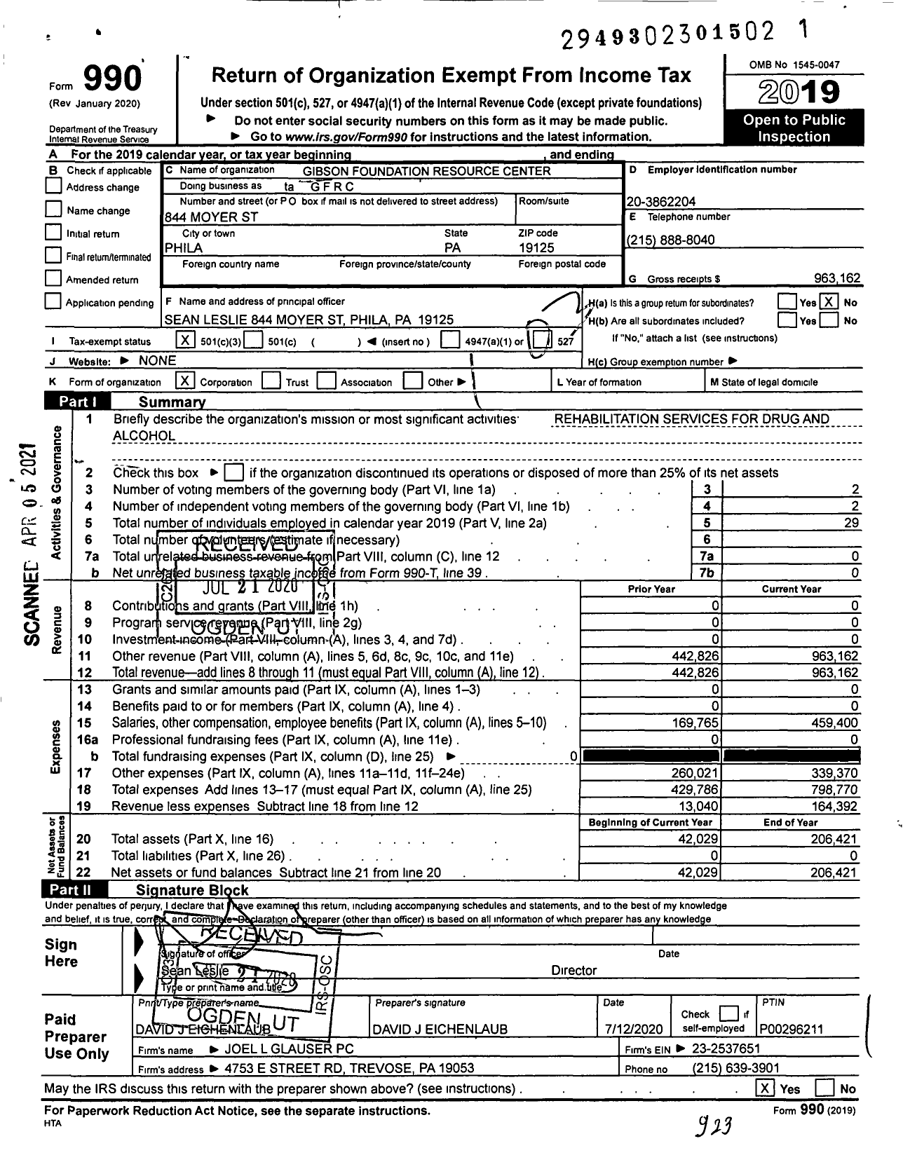 Image of first page of 2019 Form 990 for Ta Gibson Foundation Resource Center