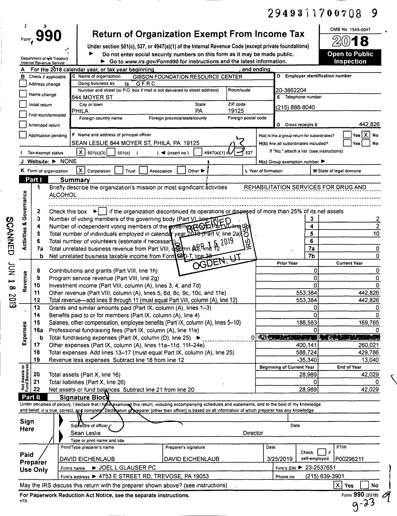 Image of first page of 2018 Form 990 for Ta Gibson Foundation Resource Center