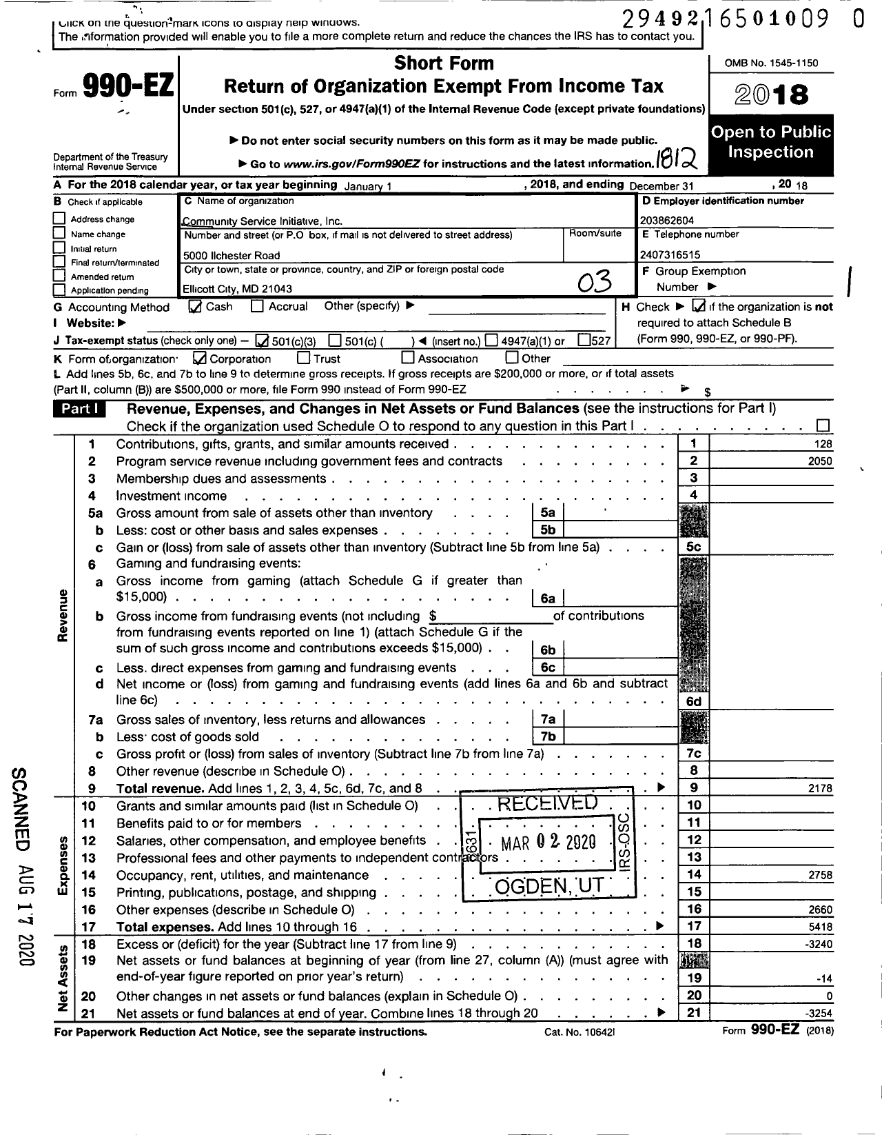 Image of first page of 2018 Form 990EZ for Community Service Initiative