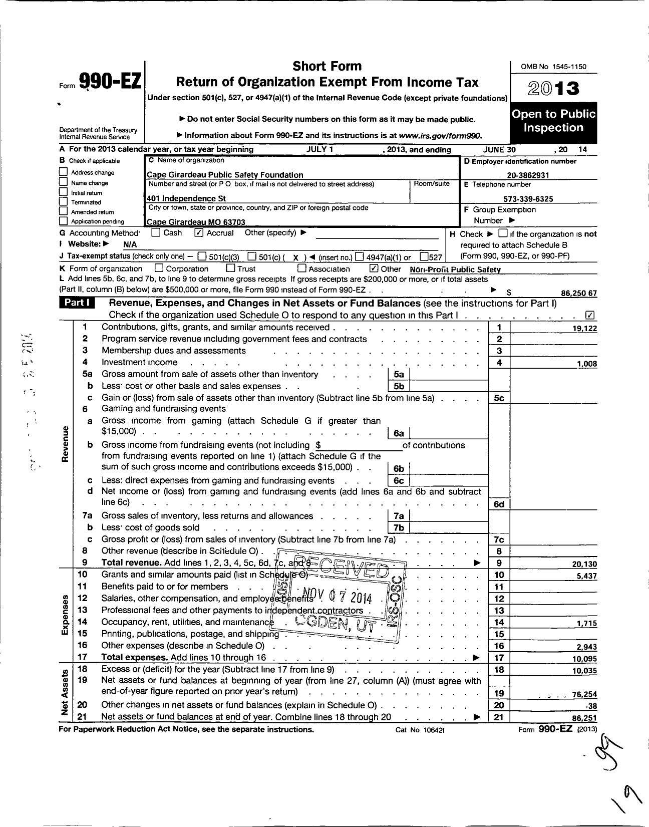 Image of first page of 2013 Form 990EO for Cape Girardeau Public Safety Foundation