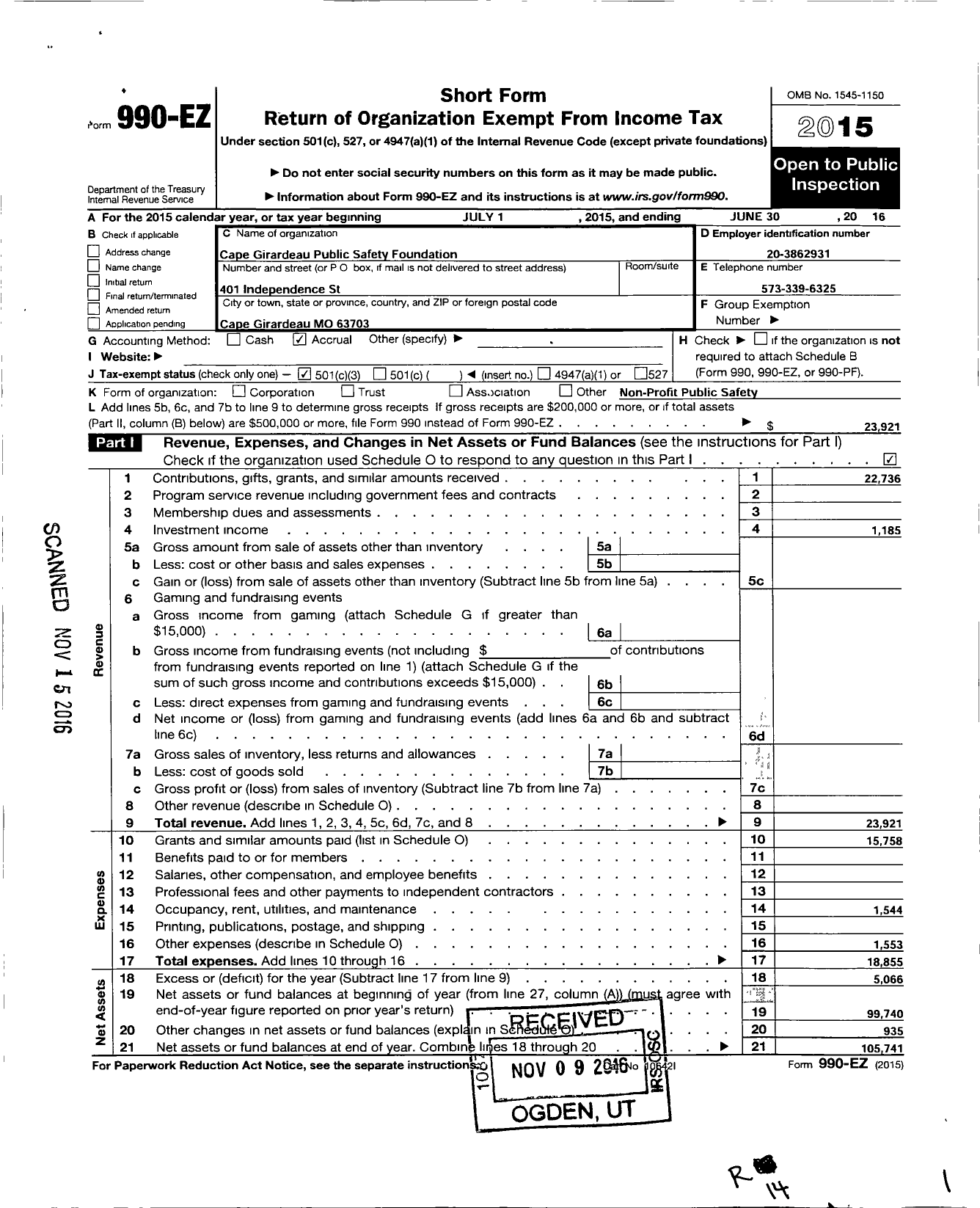 Image of first page of 2015 Form 990EZ for Cape Girardeau Public Safety Foundation