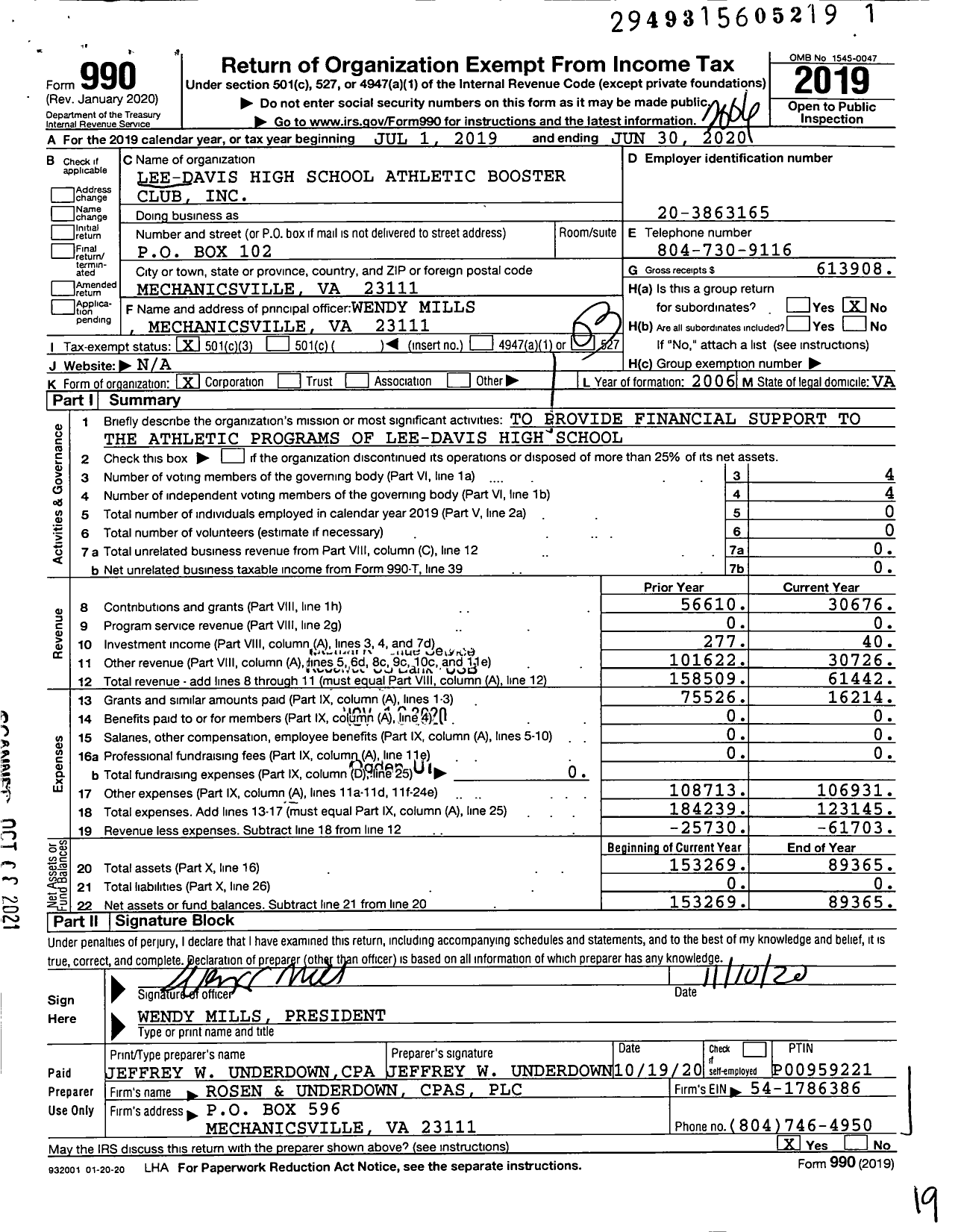 Image of first page of 2019 Form 990 for Mechanicsville High School Athletic Booster Club