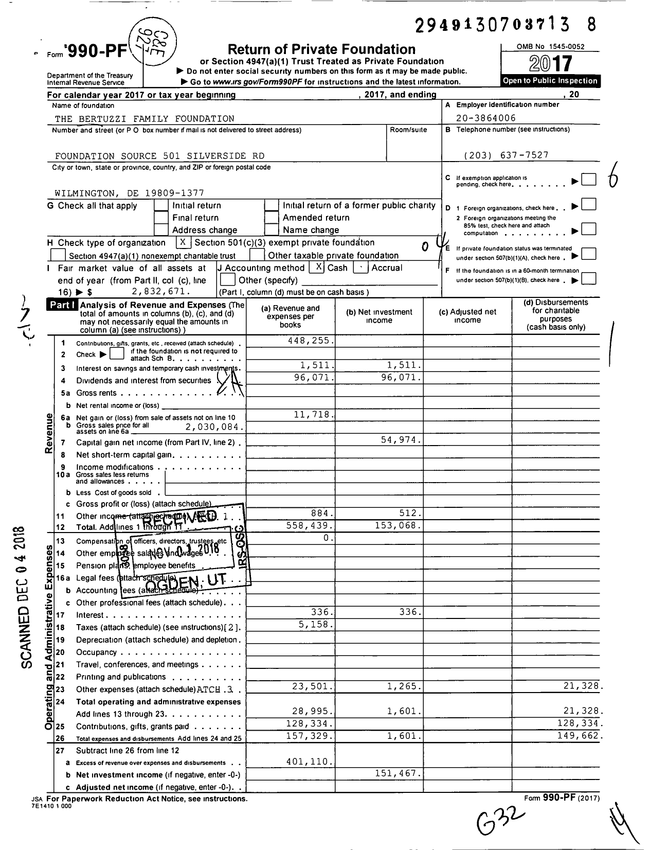 Image of first page of 2017 Form 990PF for The Bertuzzi Family Foundation