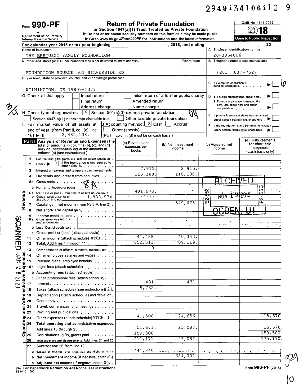 Image of first page of 2018 Form 990PF for The Bertuzzi Family Foundation