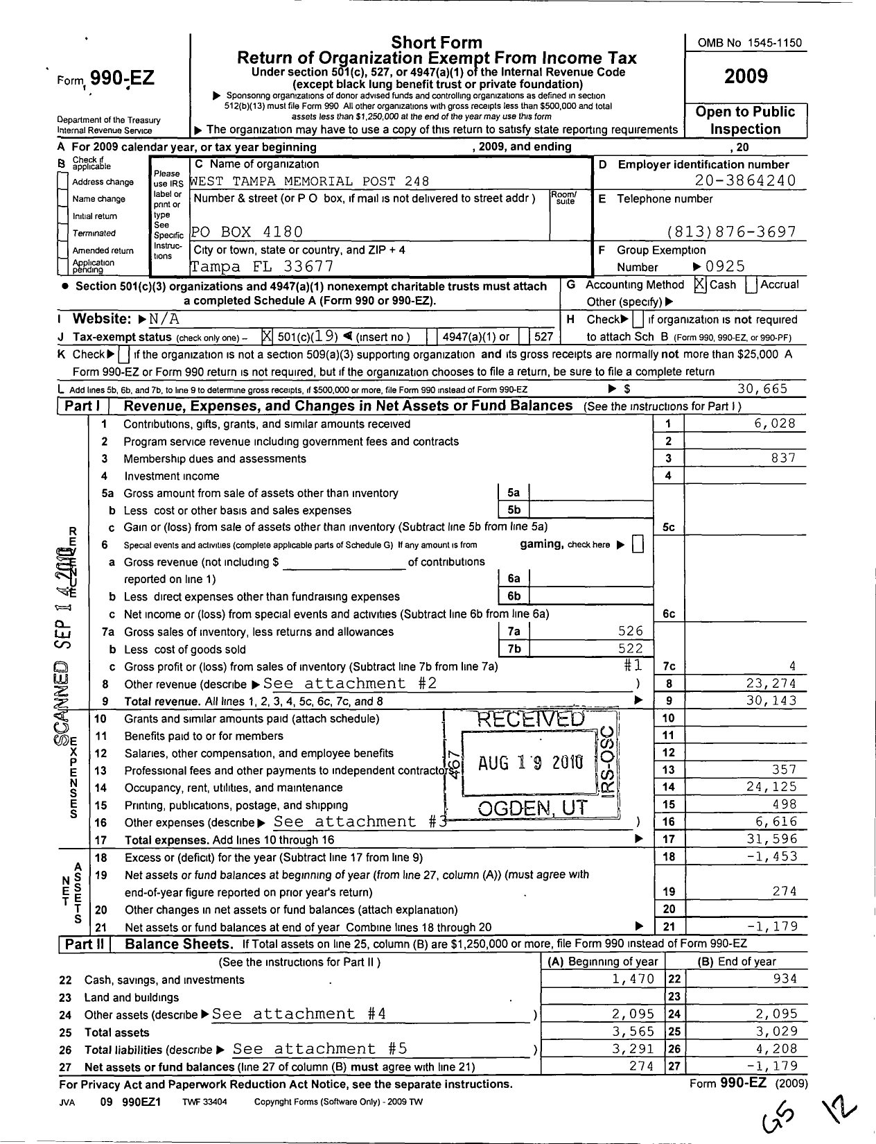 Image of first page of 2009 Form 990EO for American Legion - 248 West Tampa Memorial Post