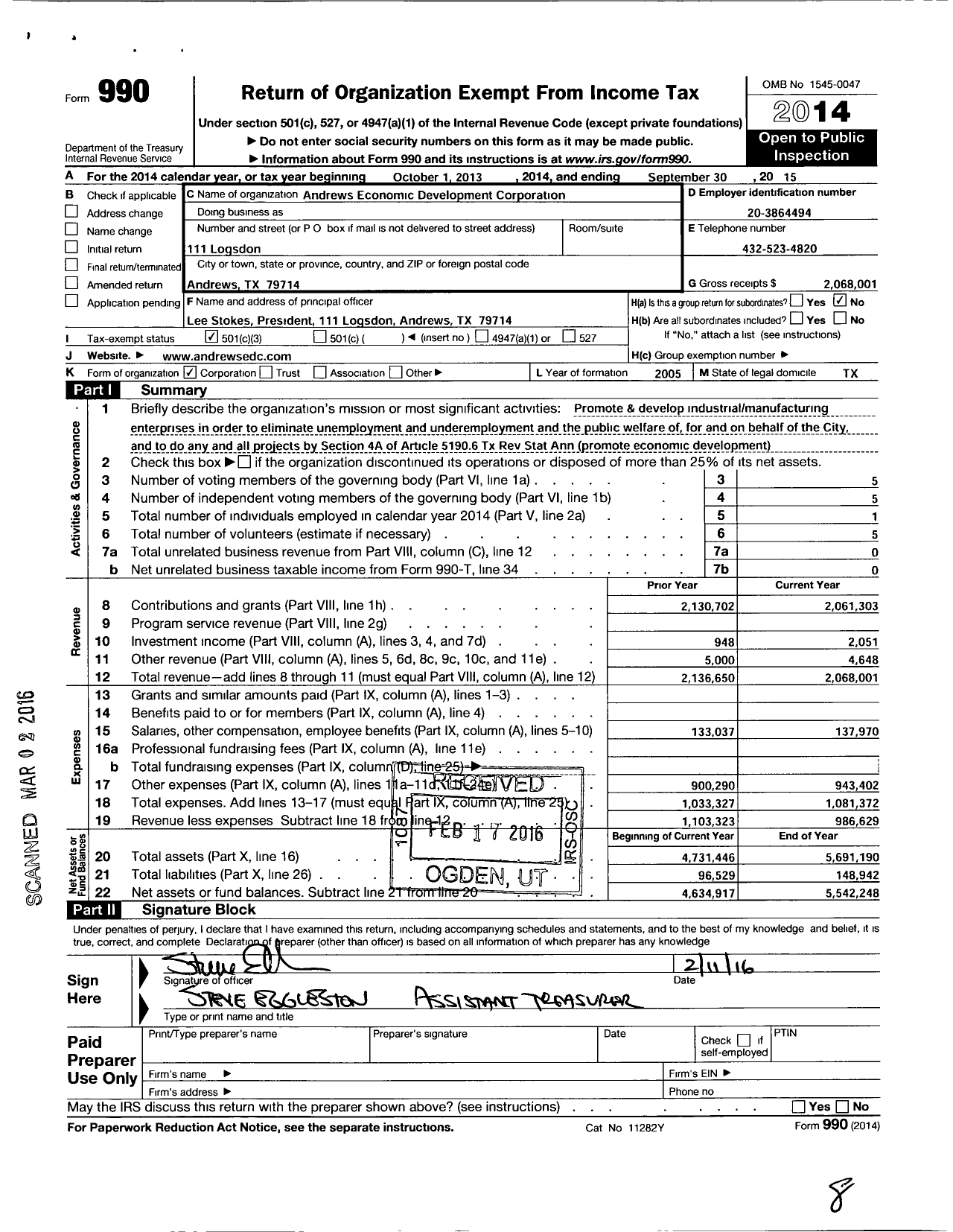 Image of first page of 2014 Form 990 for Andrews Economic Development Corporation