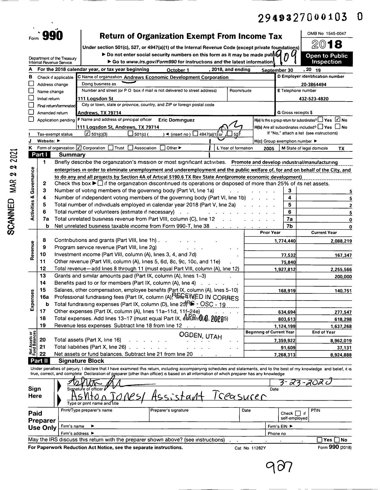 Image of first page of 2018 Form 990 for Andrews Economic Development Corporation