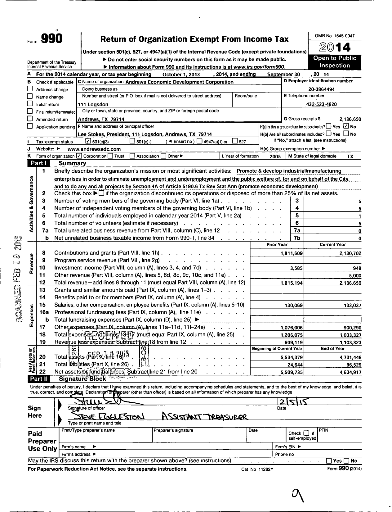 Image of first page of 2013 Form 990 for Andrews Economic Development Corporation