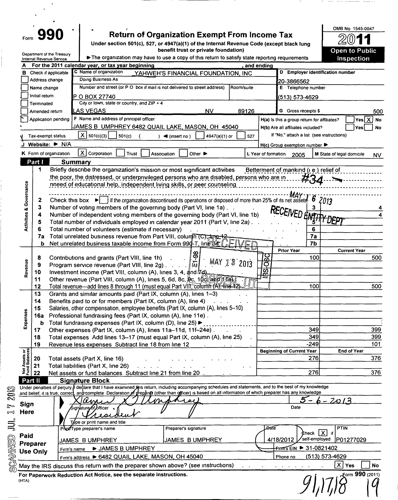 Image of first page of 2011 Form 990 for Yahweh's Financial Foundation