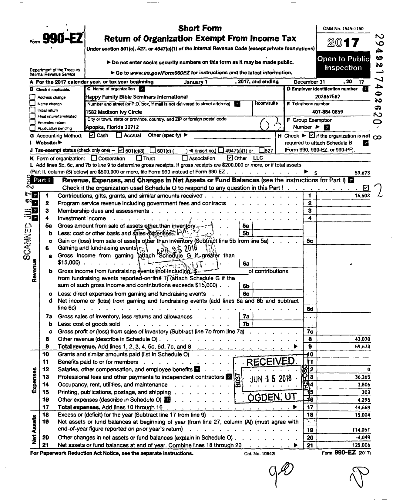 Image of first page of 2017 Form 990EZ for Happy Family Bible Seminarsinternational