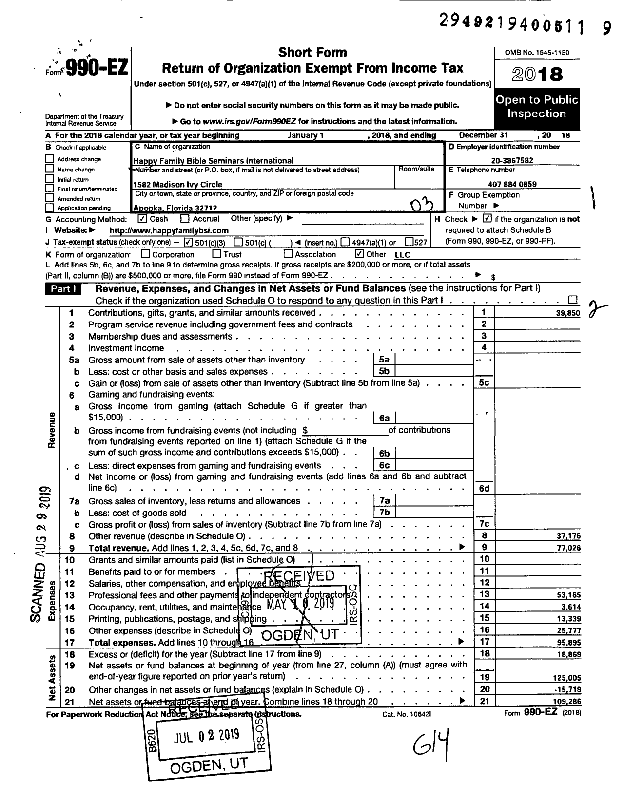 Image of first page of 2018 Form 990EZ for Happy Family Bible Seminarsinternational