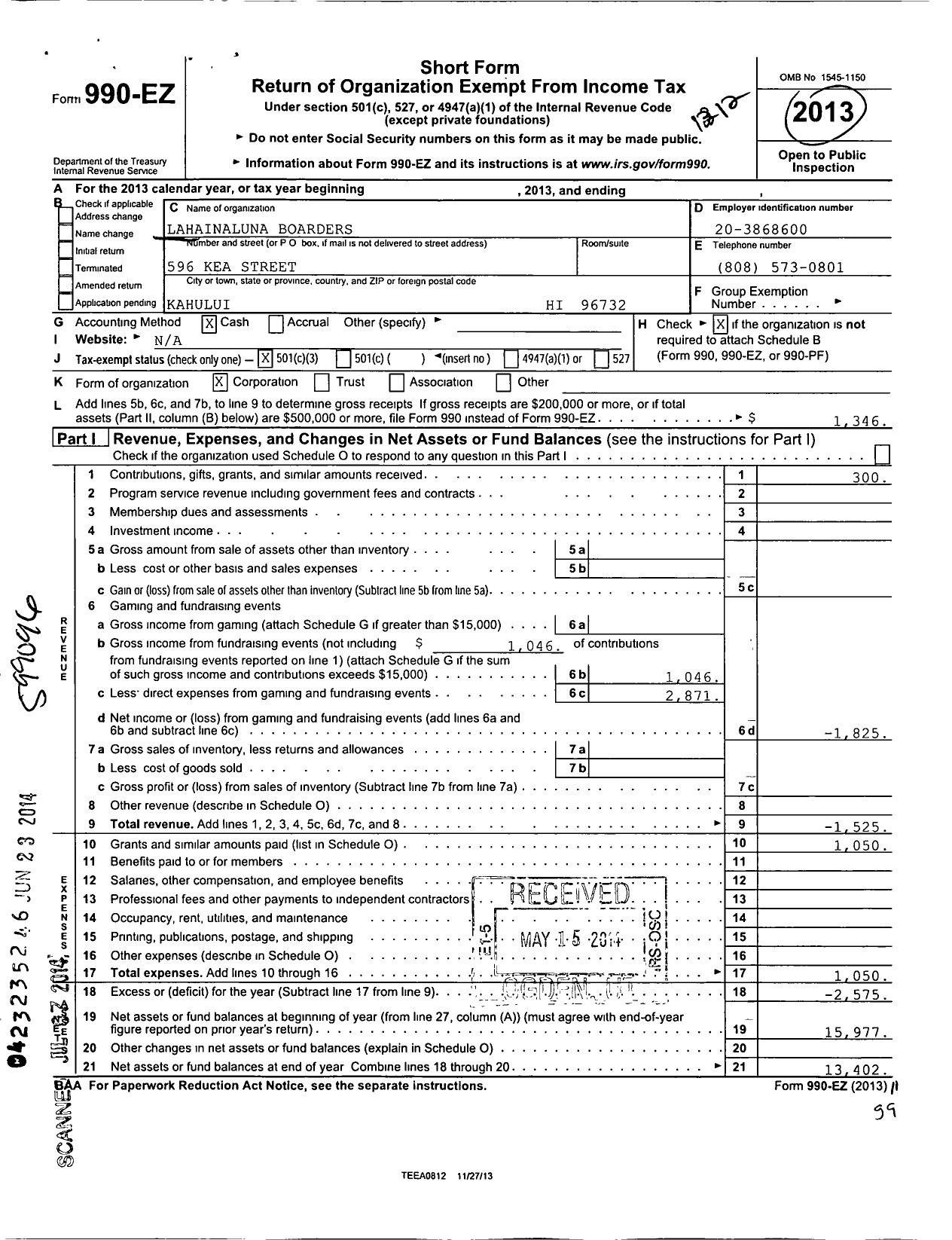 Image of first page of 2012 Form 990EZ for Lahainaluna Boarders