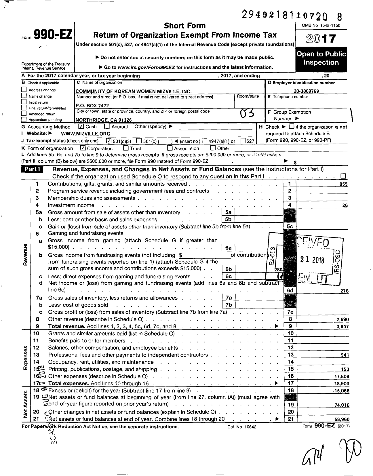 Image of first page of 2017 Form 990EZ for Community of Korean Women Mizville