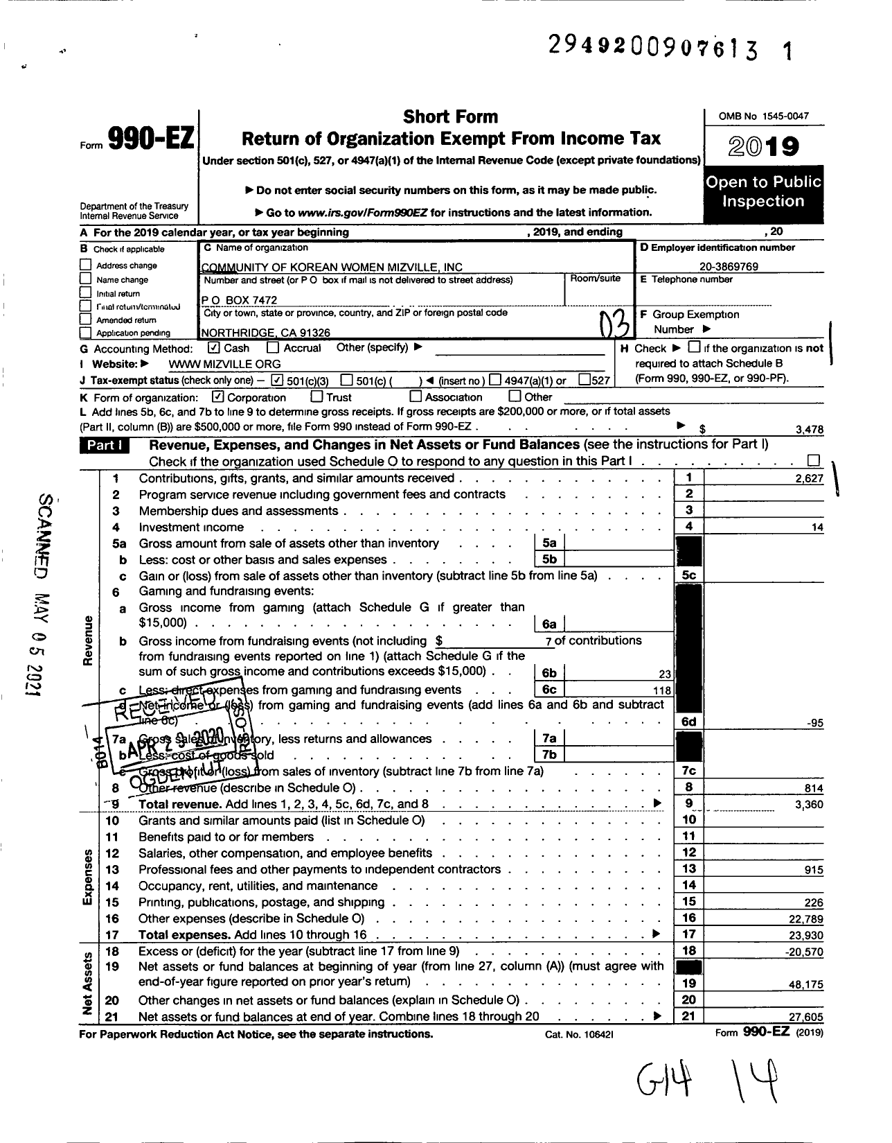 Image of first page of 2019 Form 990EZ for Community of Korean Women Mizville