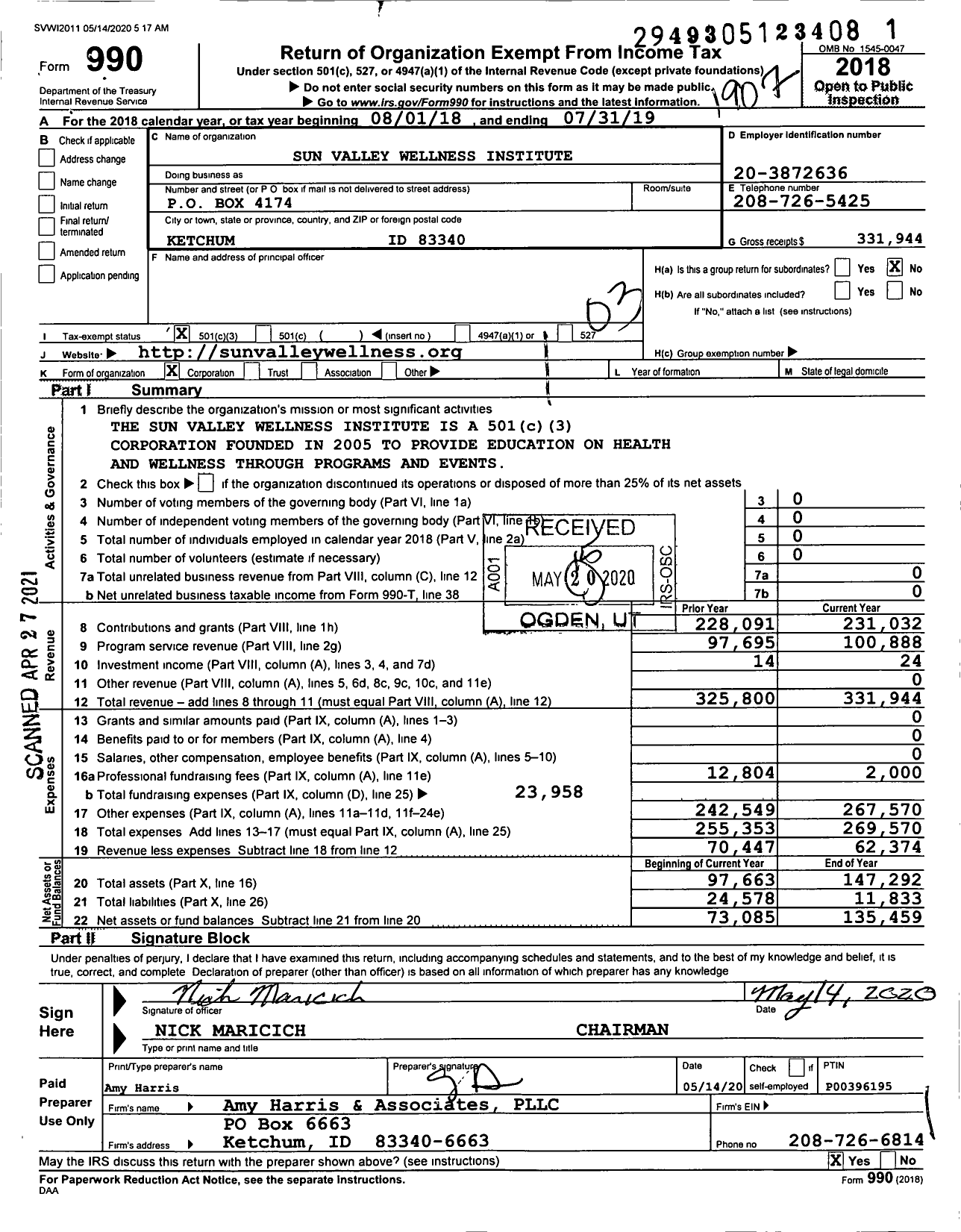 Image of first page of 2018 Form 990 for Sun Valley Wellness Institute