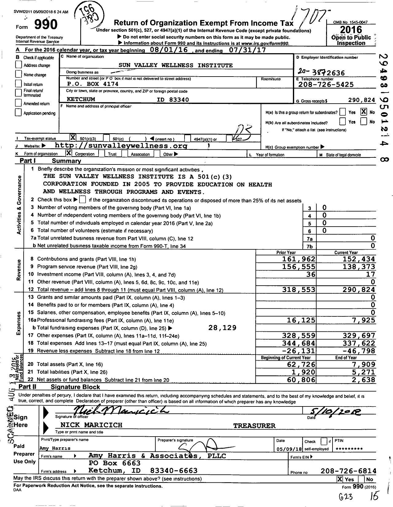 Image of first page of 2016 Form 990 for Sun Valley Wellness Institute