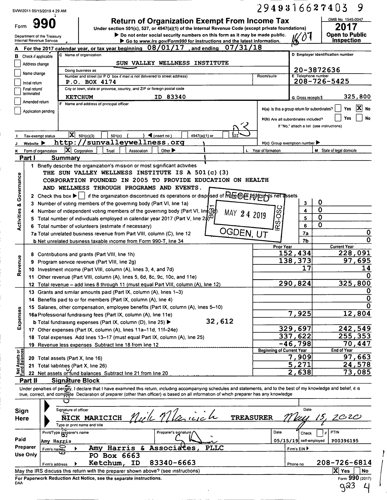 Image of first page of 2017 Form 990 for Sun Valley Wellness Institute