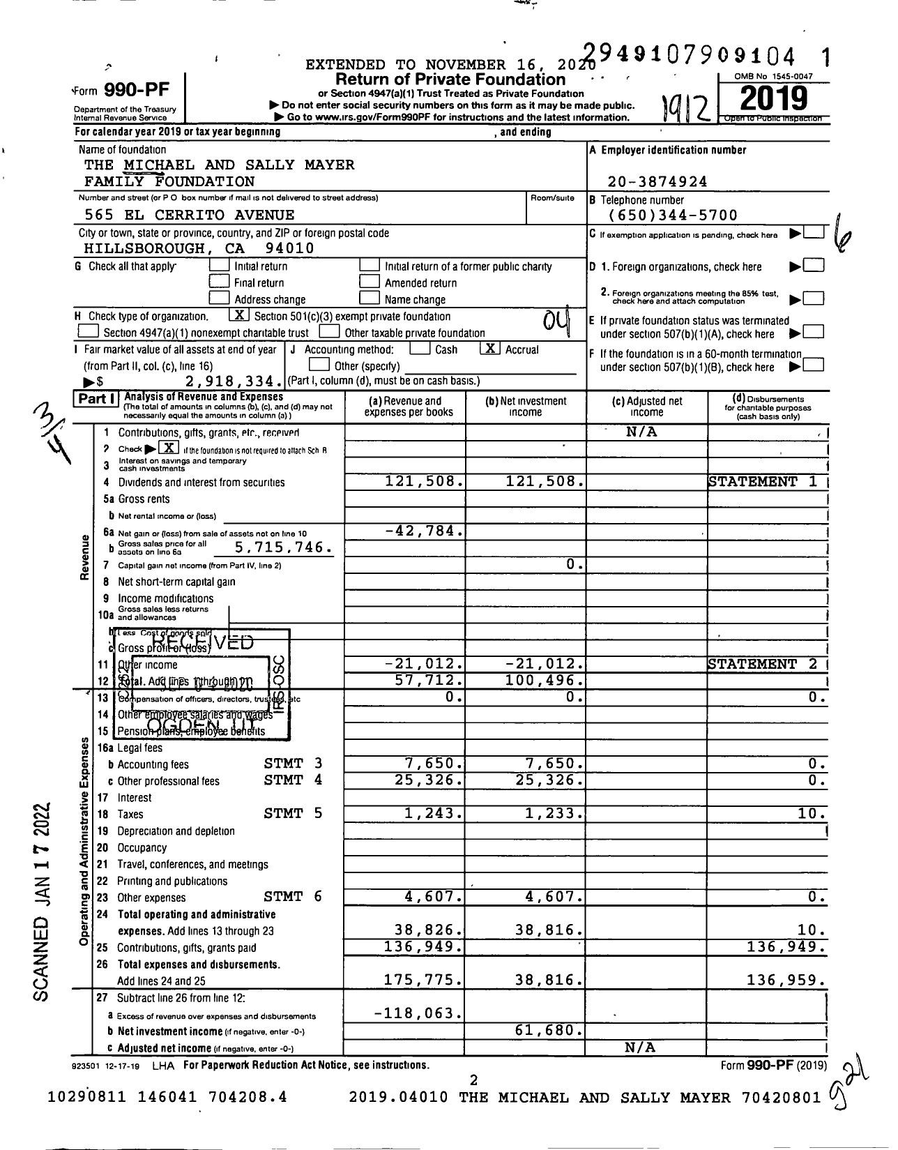 Image of first page of 2019 Form 990PF for The Michael and Sally Mayer Family Foundation