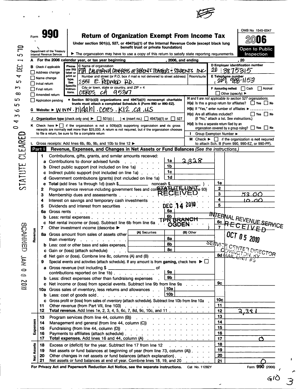 Image of first page of 2006 Form 990O for California State PTA - Joel J Hidahl PTA