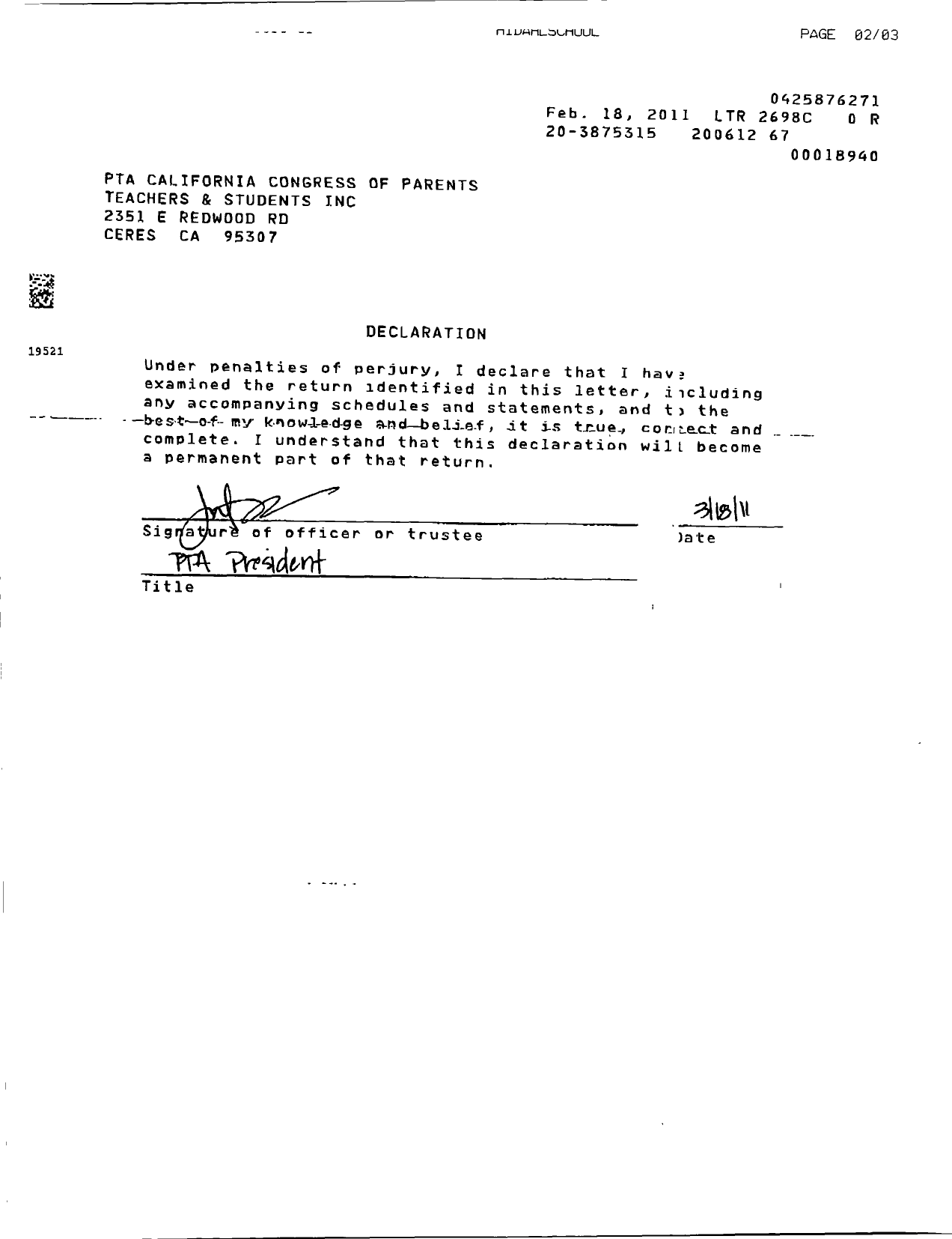 Image of first page of 2007 Form 990R for California State PTA - Joel J Hidahl PTA