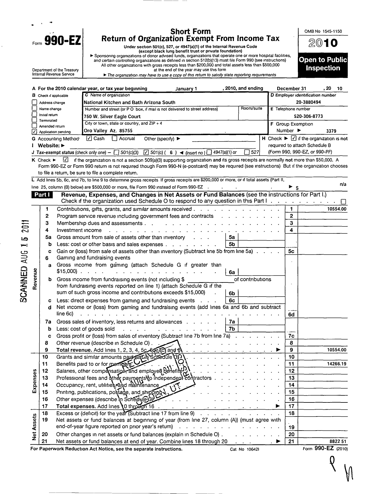 Image of first page of 2010 Form 990EO for National Kitchen and Bath Association / Arizona South