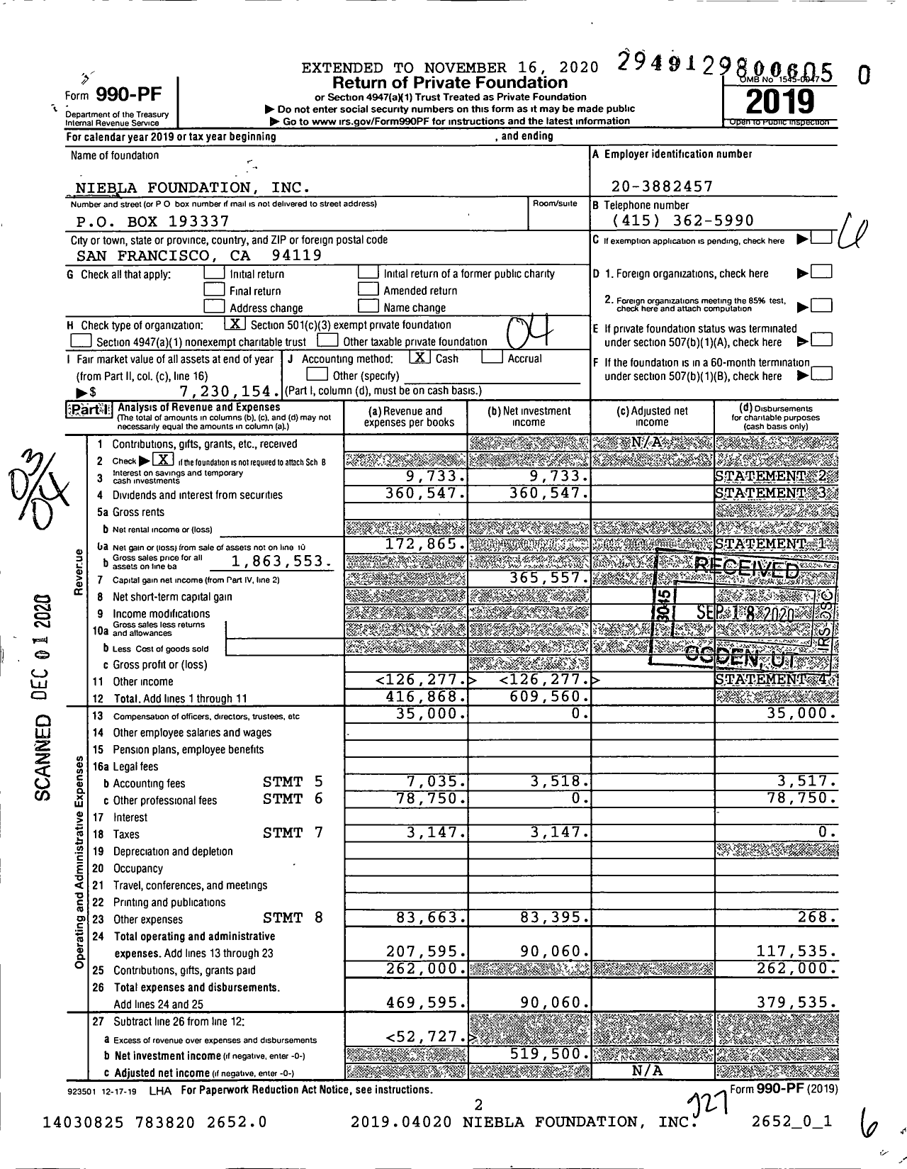 Image of first page of 2019 Form 990PF for Niebla Foundation
