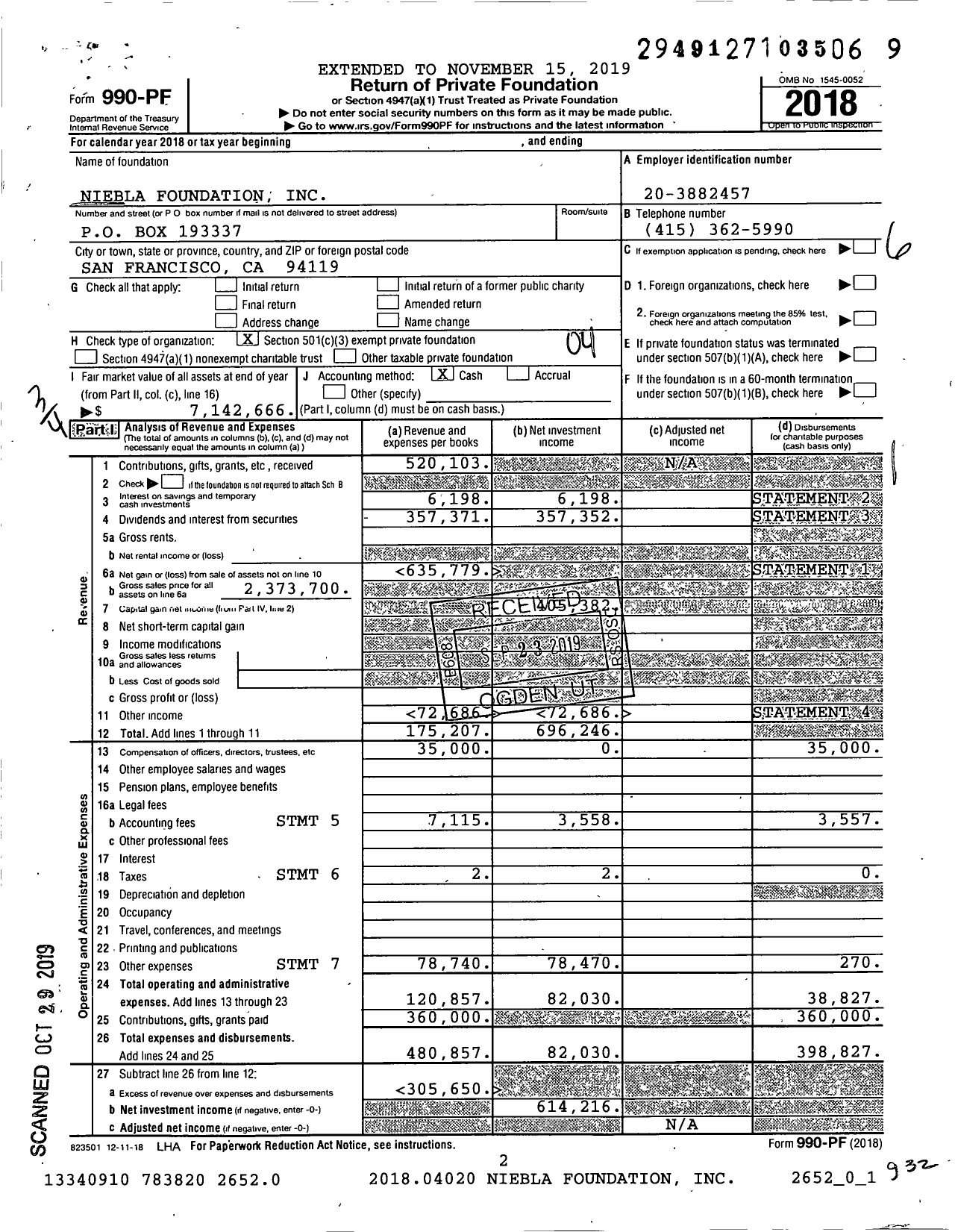 Image of first page of 2018 Form 990PF for Niebla Foundation