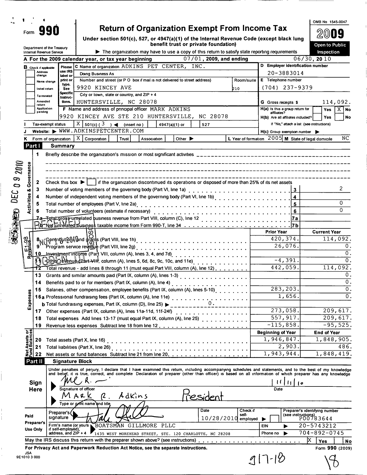 Image of first page of 2009 Form 990 for Adkins Pet Center