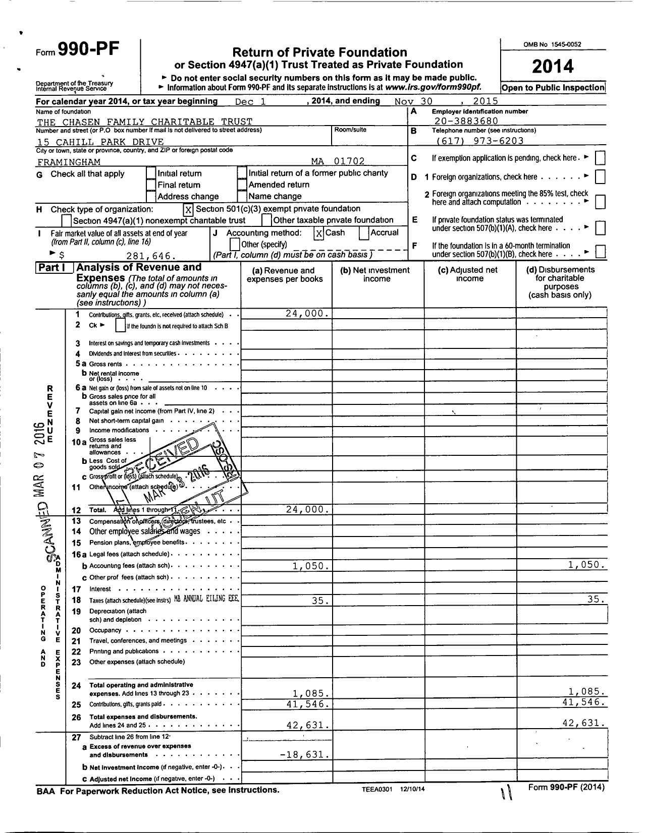 Image of first page of 2014 Form 990PF for The Chasen Family Charitable Trust