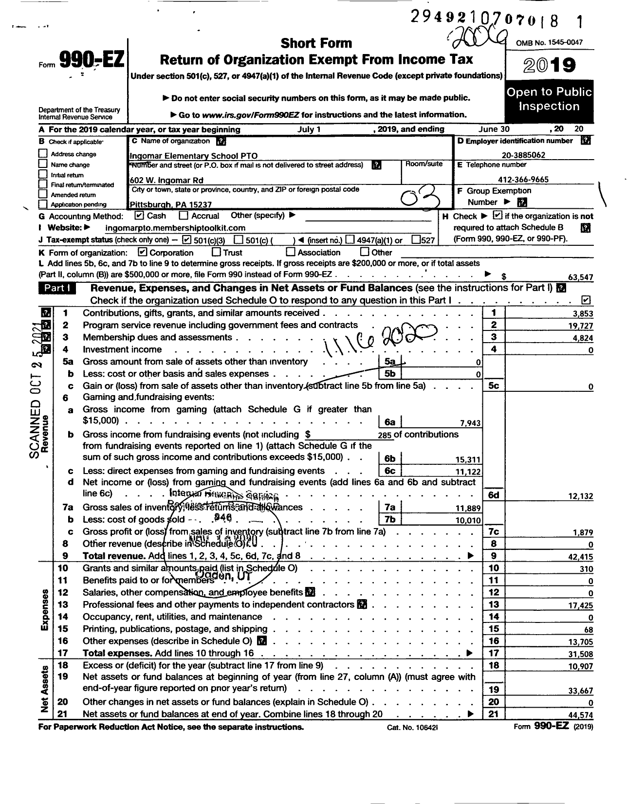 Image of first page of 2019 Form 990EZ for Ingomar Elementary School Pto