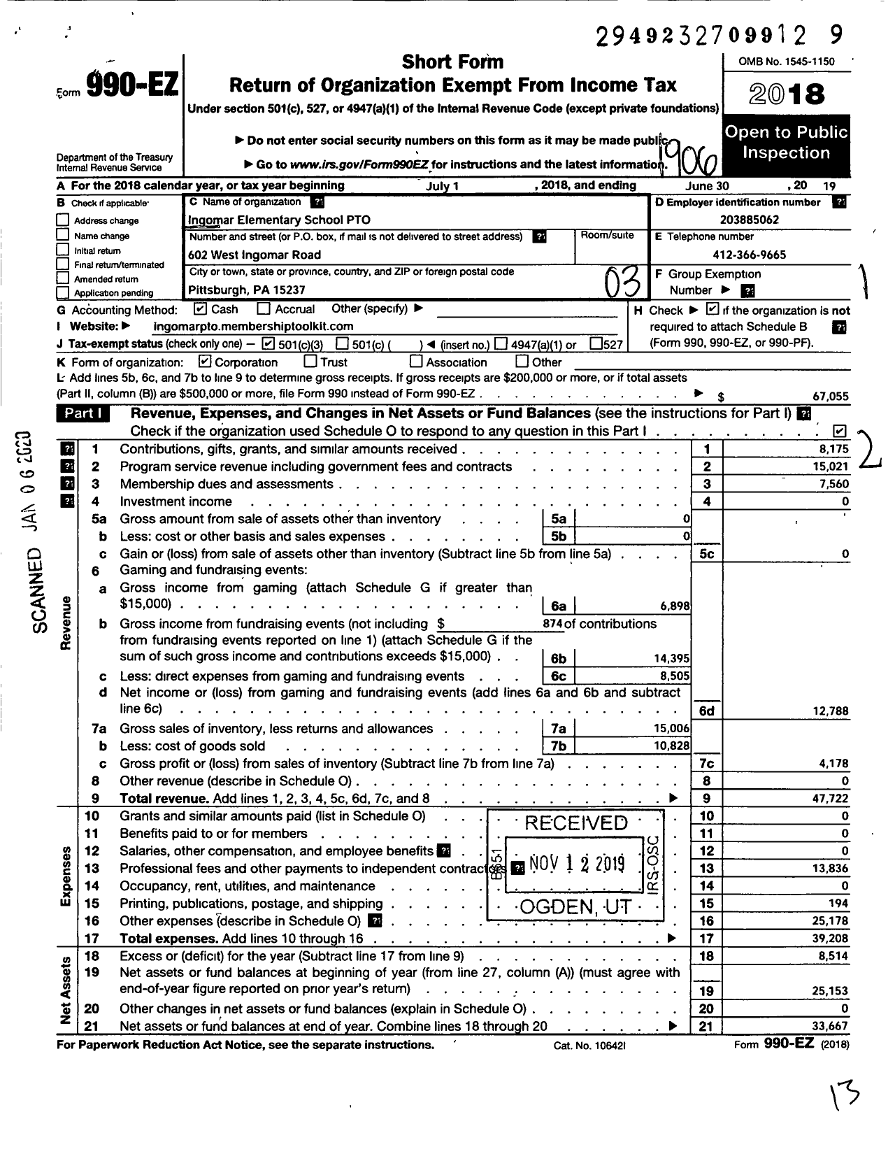 Image of first page of 2018 Form 990EZ for Ingomar Elementary School Pto