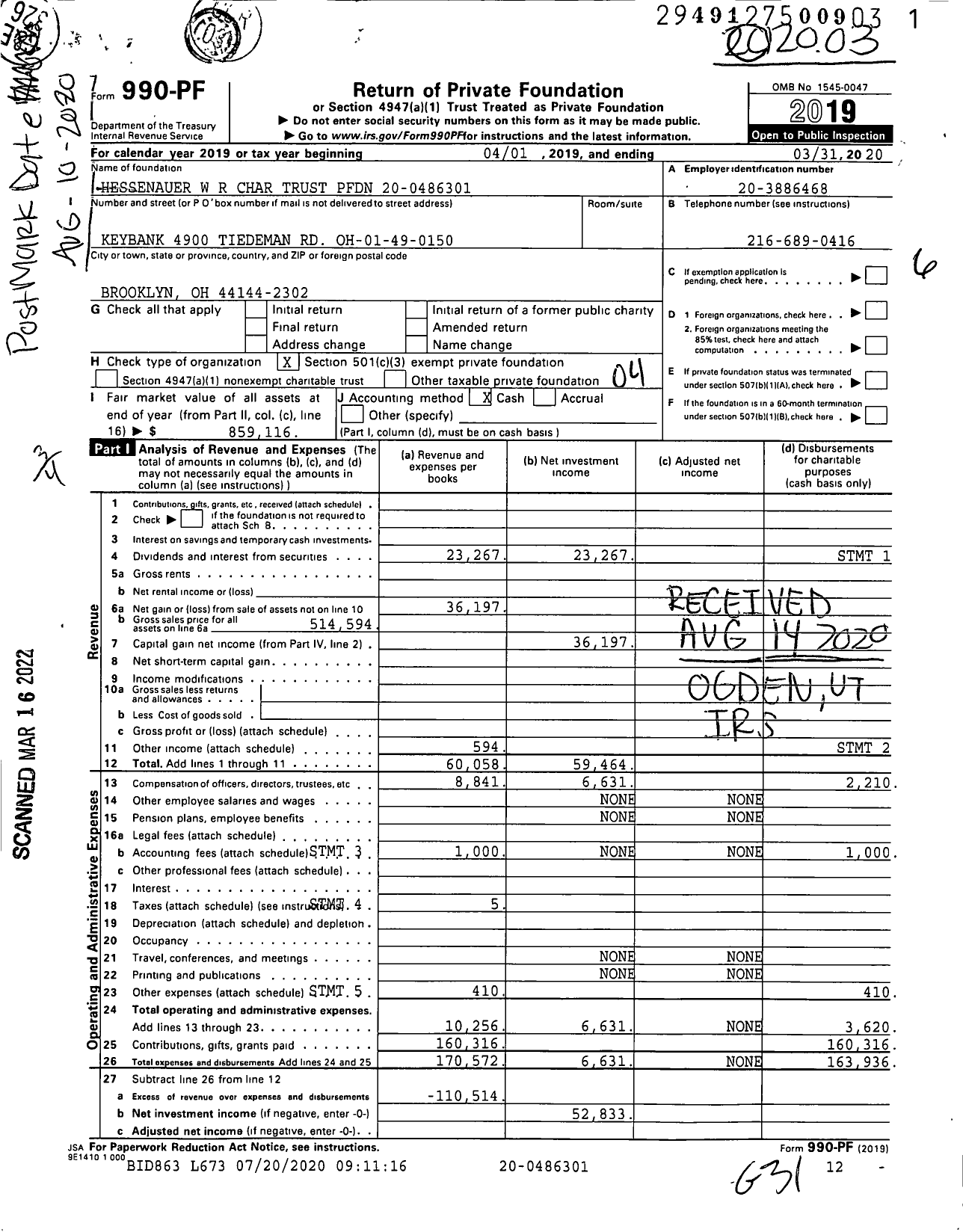 Image of first page of 2019 Form 990PF for Hessenauer W R Char Trust PFDN