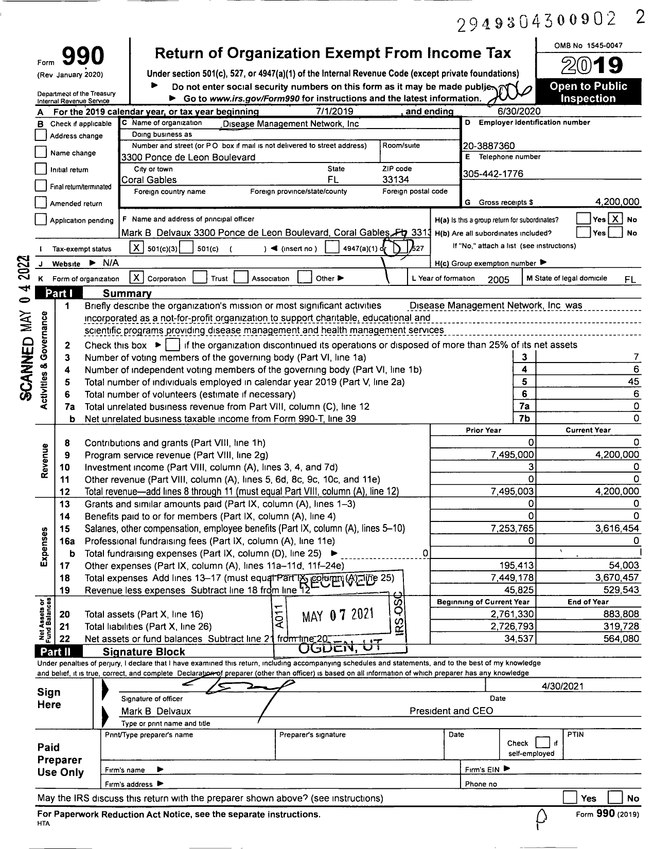 Image of first page of 2019 Form 990 for Disease Management Network