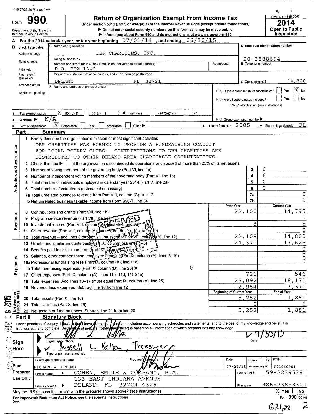 Image of first page of 2014 Form 990 for DBR Charities