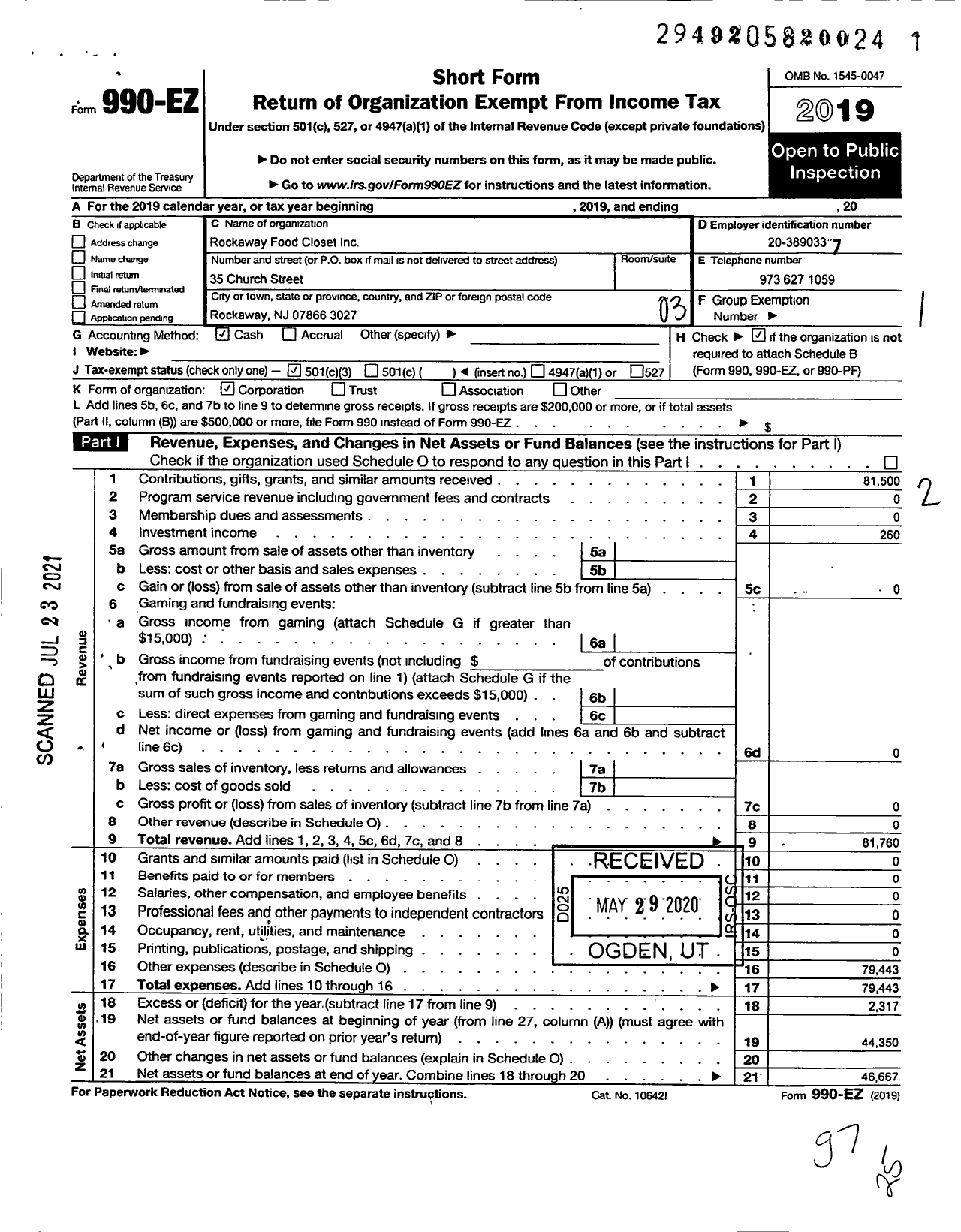 Image of first page of 2019 Form 990EZ for Rockaway Food Closet