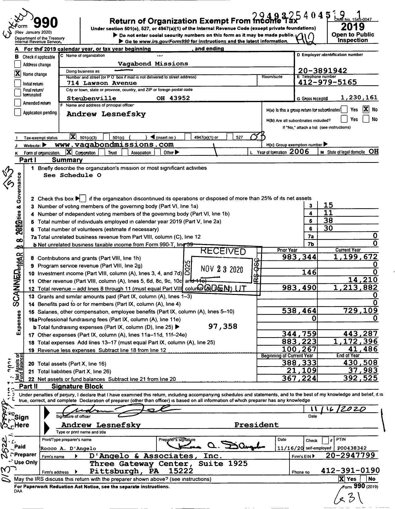 Image of first page of 2019 Form 990 for Vagabond Missions