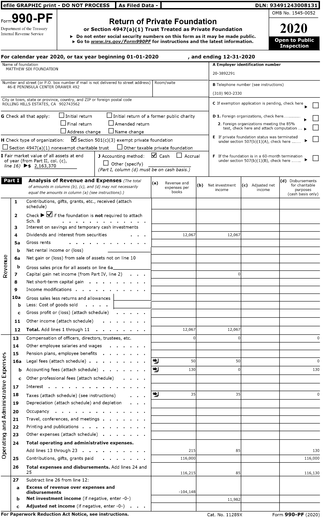 Image of first page of 2020 Form 990PF for Matthew Six Foundation