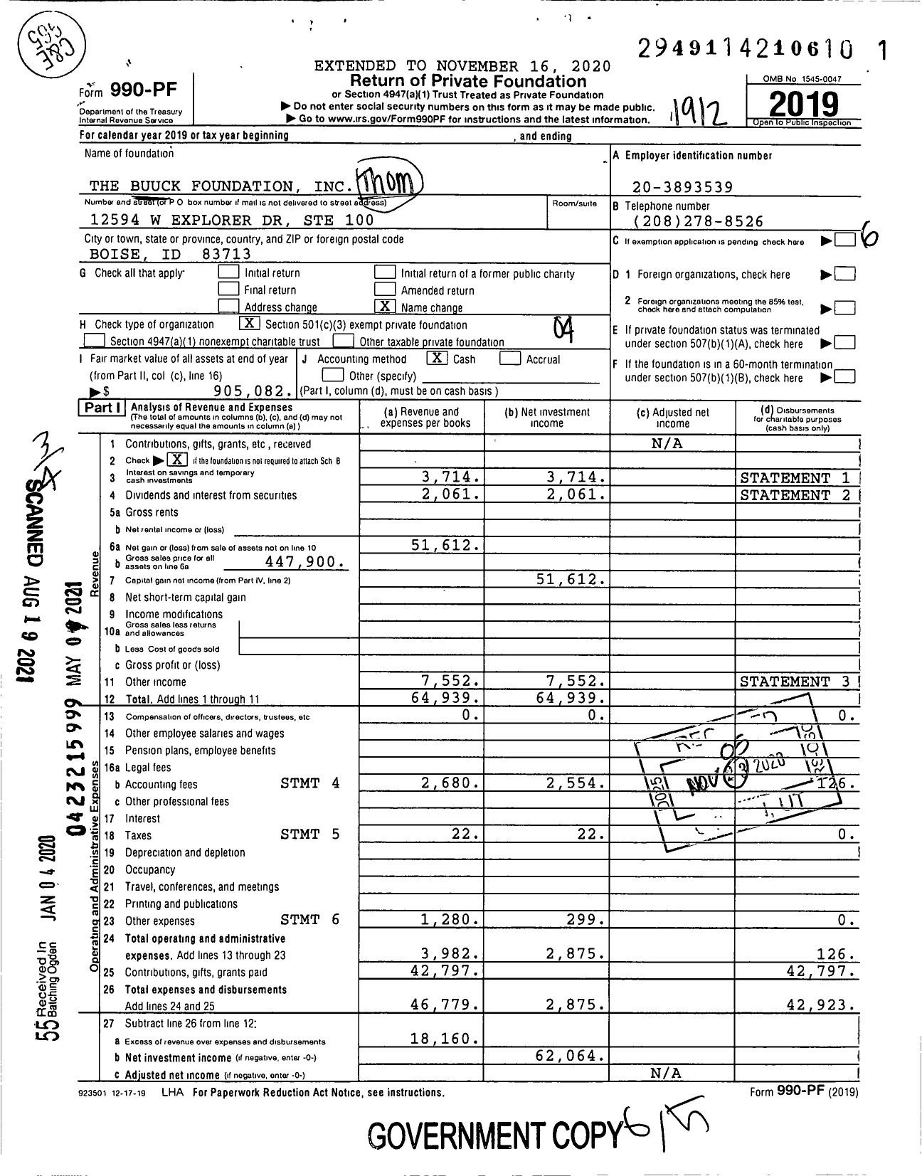 Image of first page of 2019 Form 990PF for The Buuck Foundation