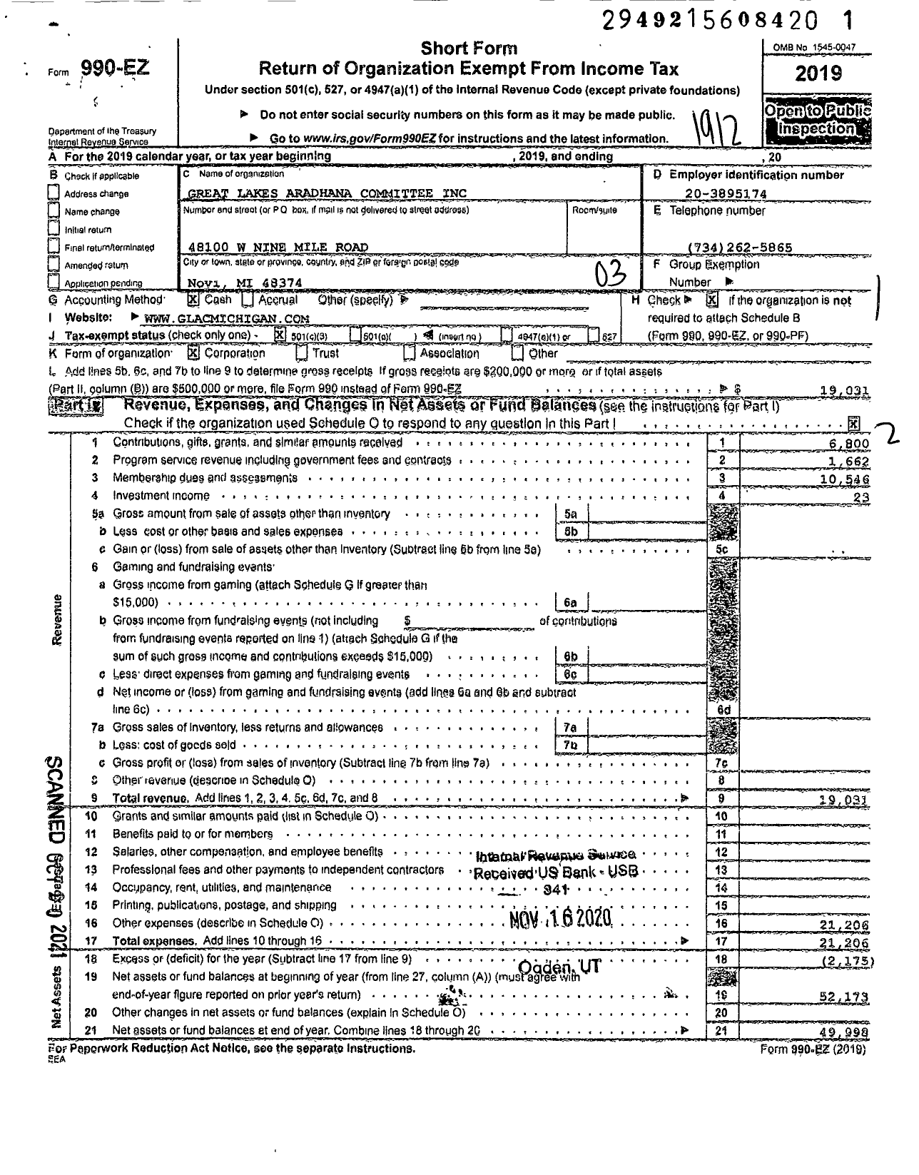 Image of first page of 2019 Form 990EZ for Great Lakes Aradhana Committee (GLAC)