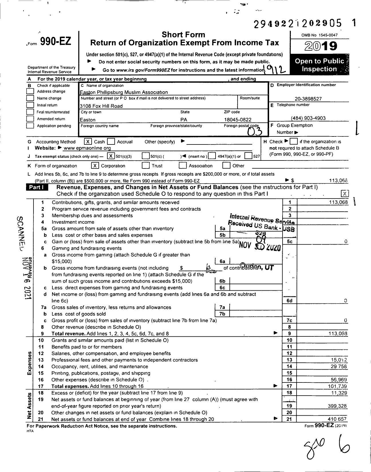 Image of first page of 2019 Form 990EZ for Easton Phillipsburg Muslim Association