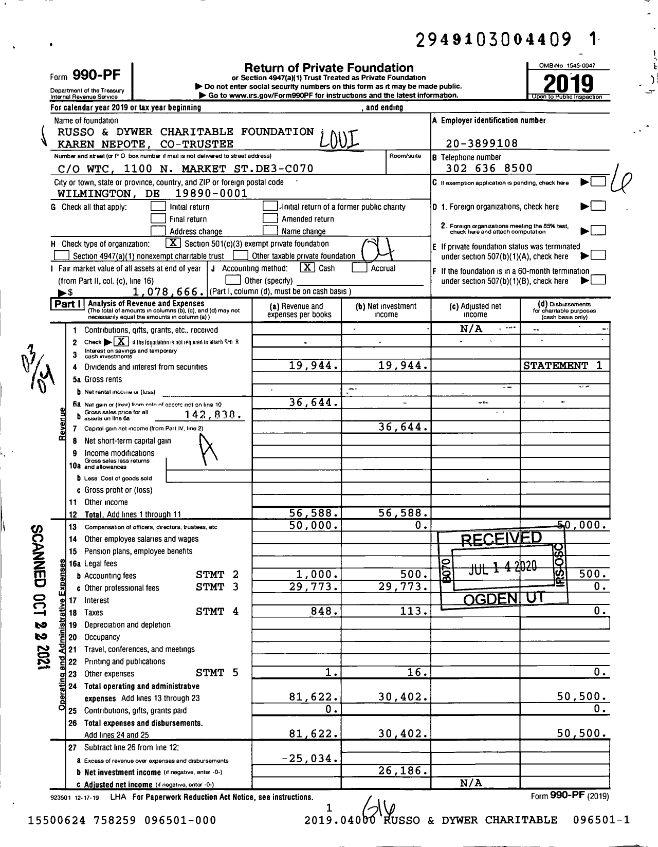 Image of first page of 2019 Form 990PF for Russo and Dwyer Charitable Foundation