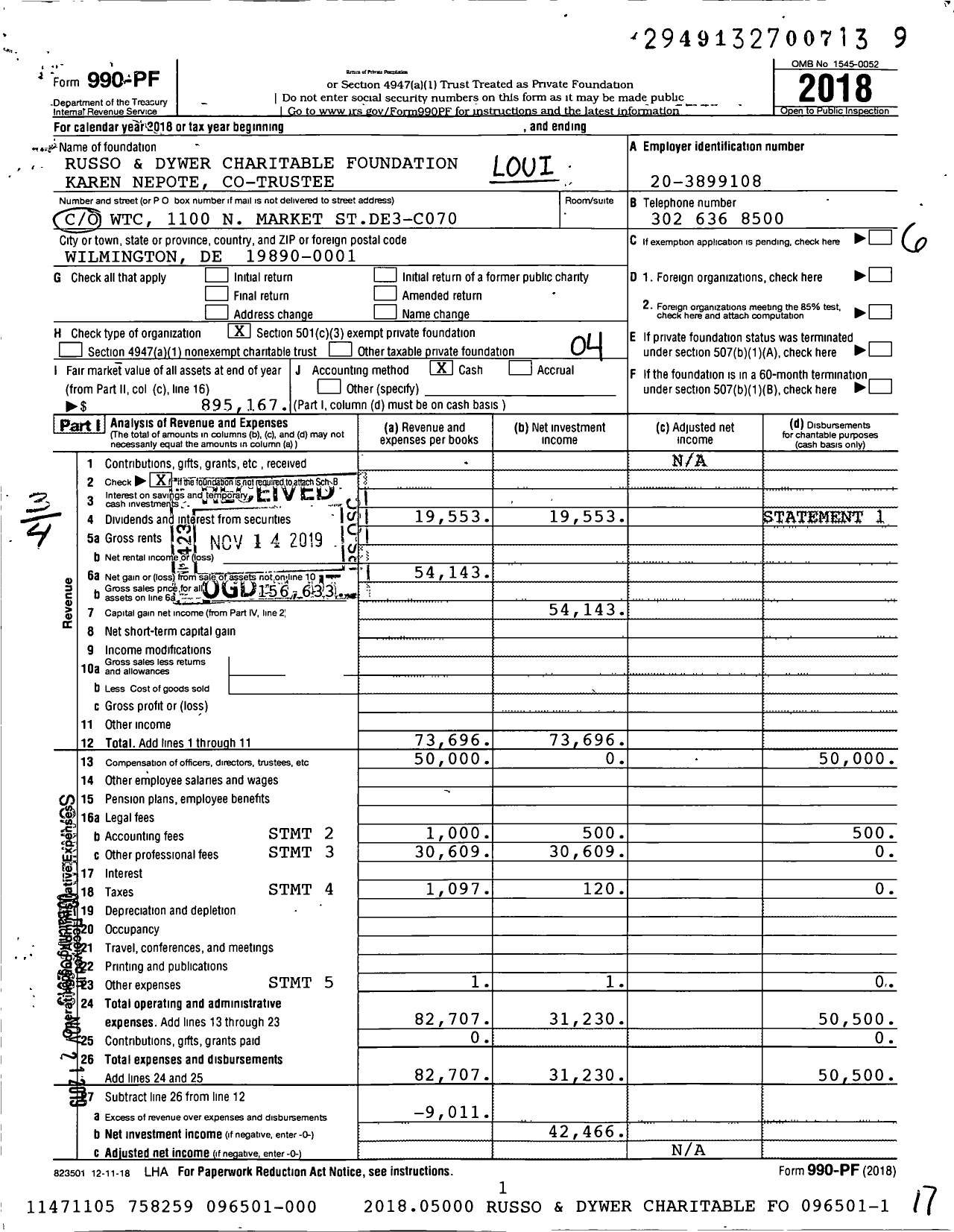 Image of first page of 2018 Form 990PF for Russo and Dwyer Charitable Foundation