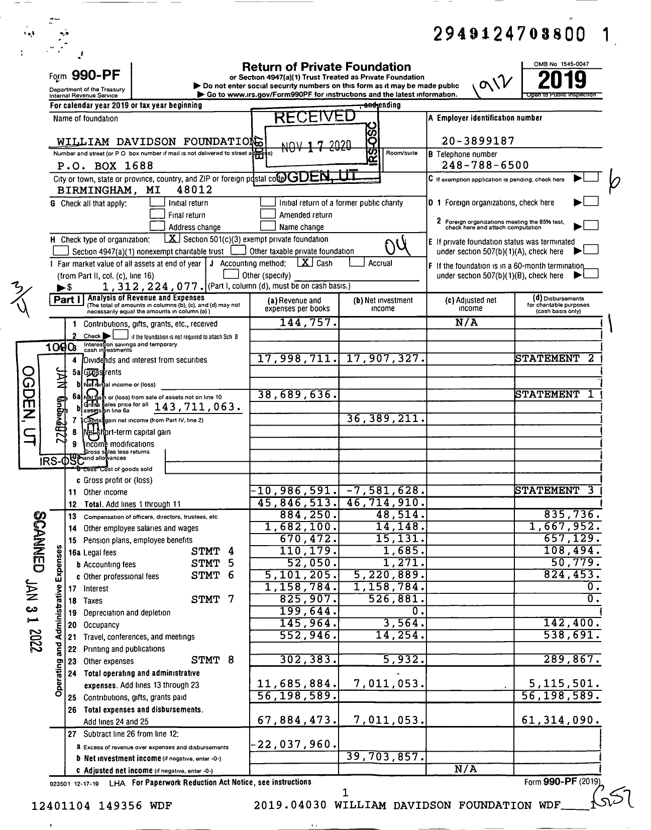 Image of first page of 2019 Form 990PF for William Davidson Foundation