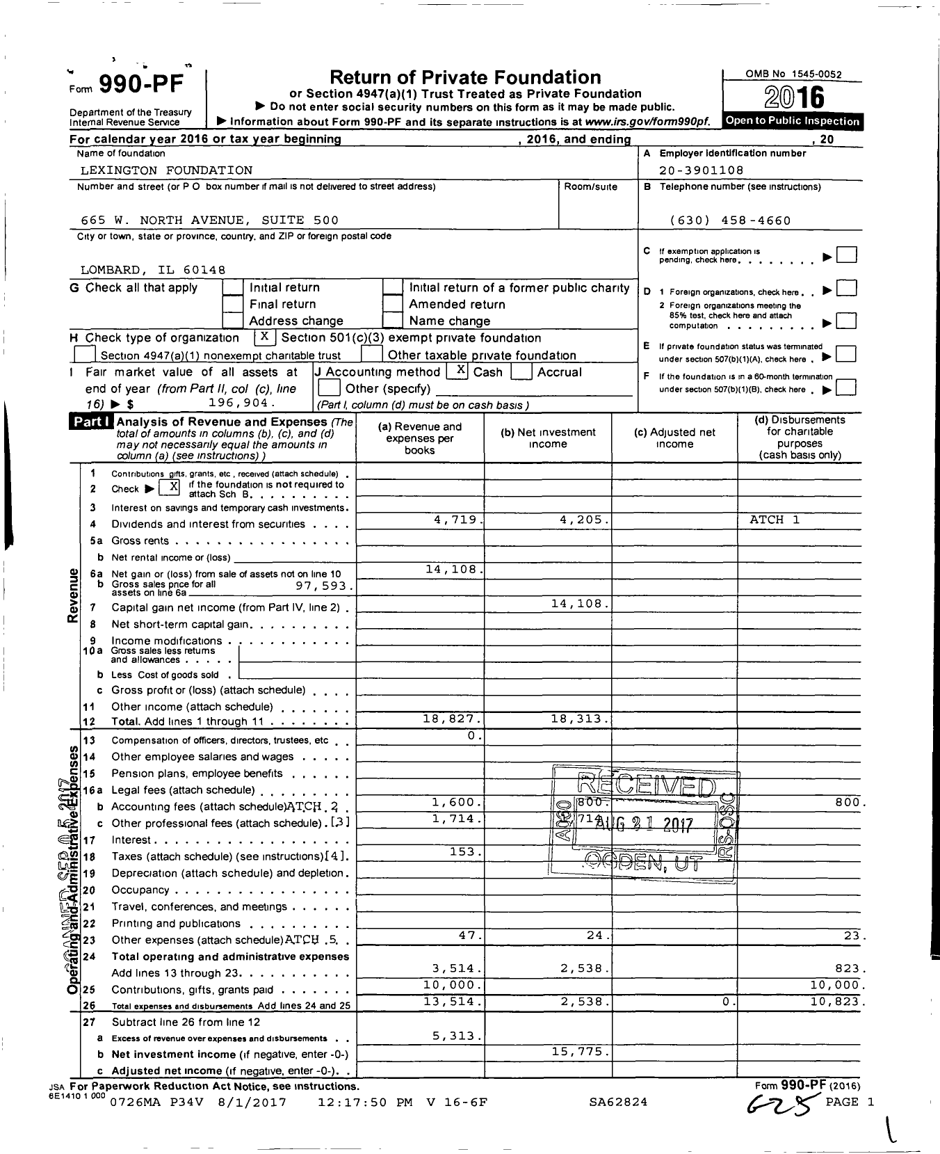 Image of first page of 2016 Form 990PF for Lexington Foundation