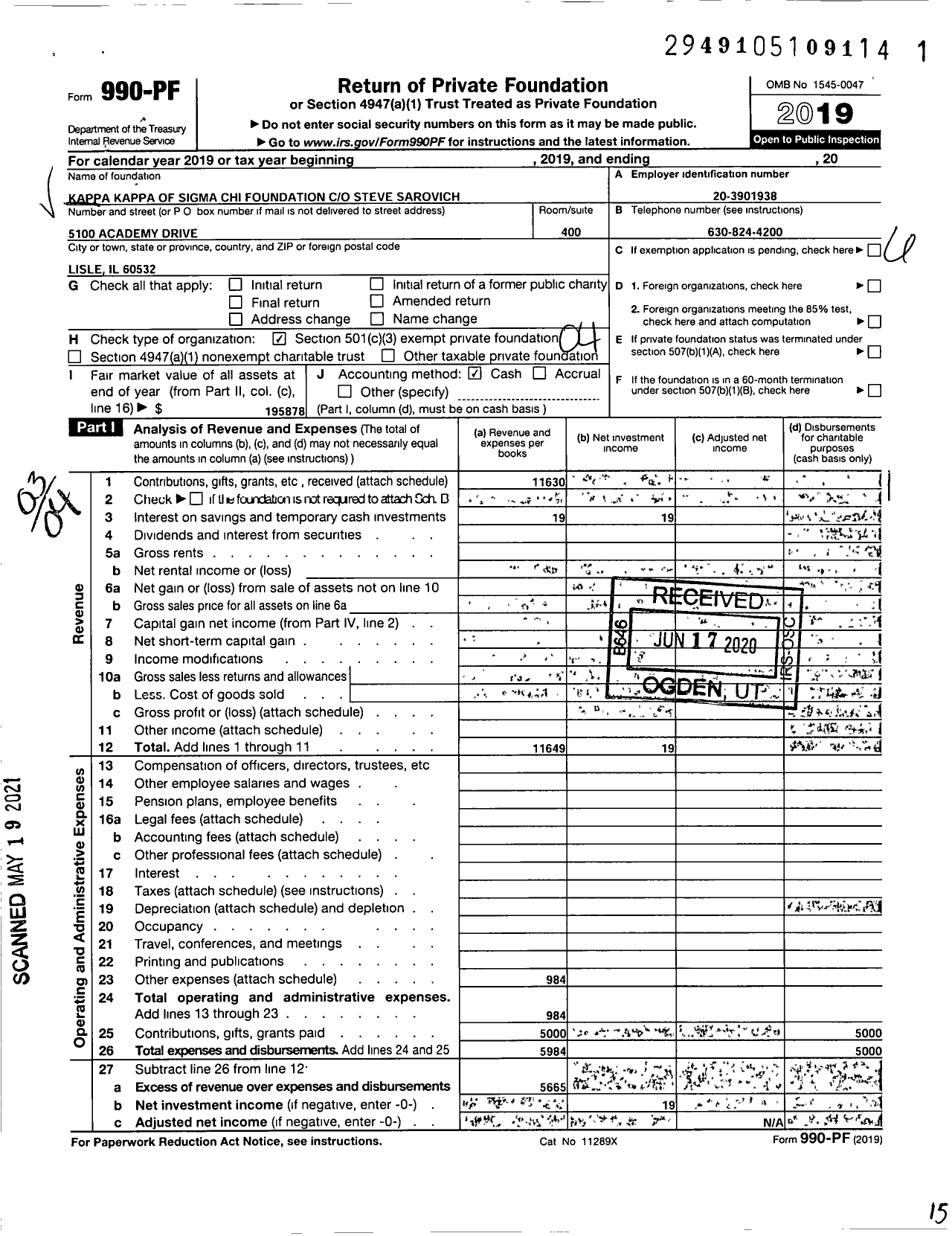 Image of first page of 2019 Form 990PF for Kappa Kappa of Sigma Chi