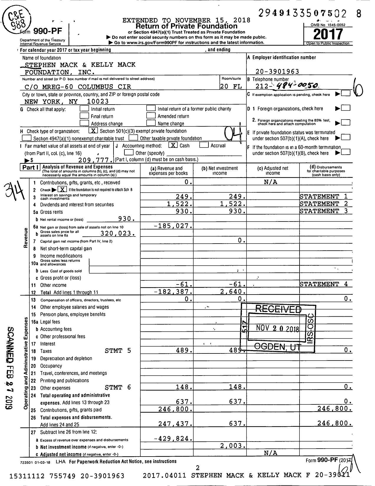 Image of first page of 2017 Form 990PF for Stephen Mack and Kelly Mack Foundation