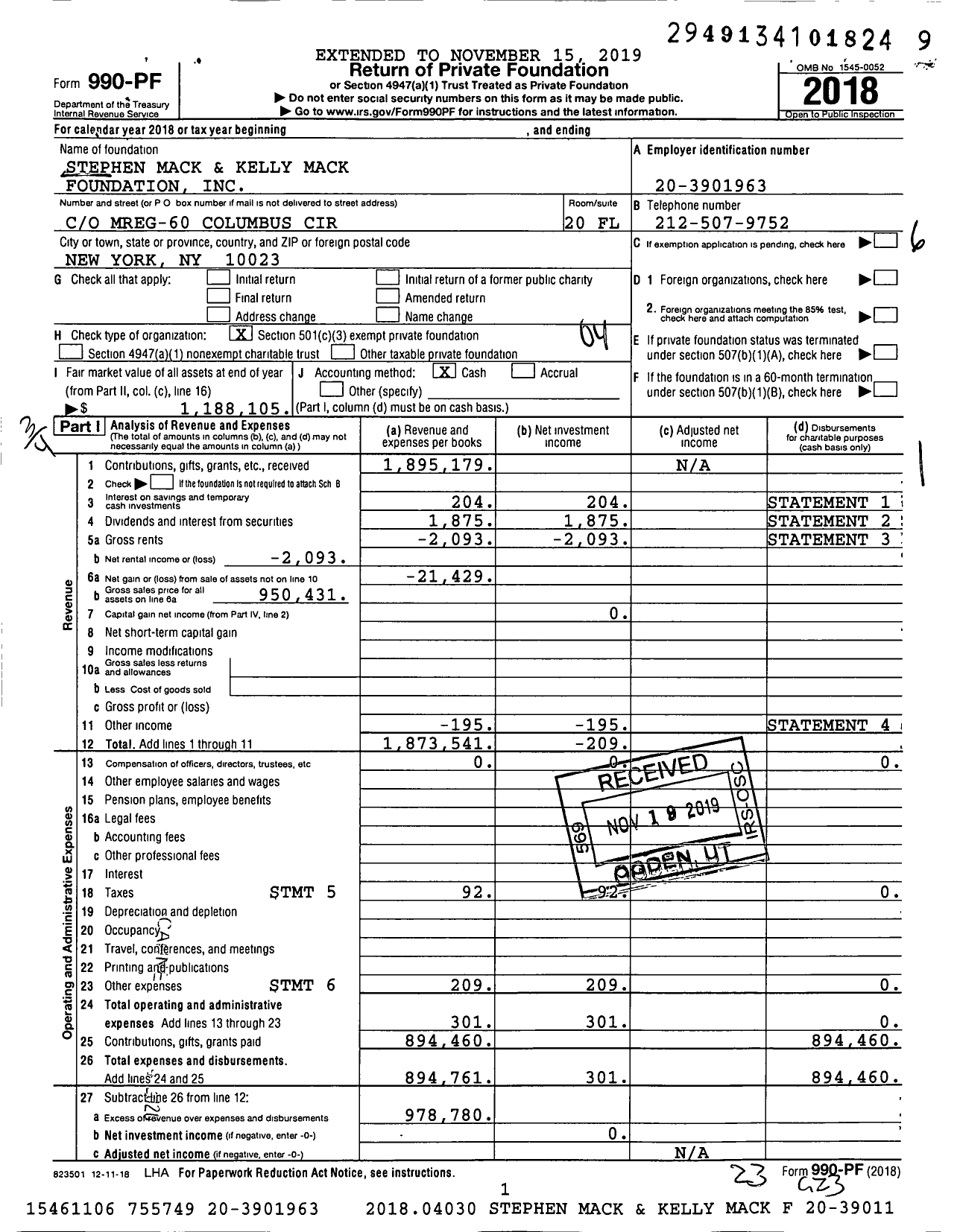 Image of first page of 2018 Form 990PF for Stephen Mack and Kelly Mack Foundation