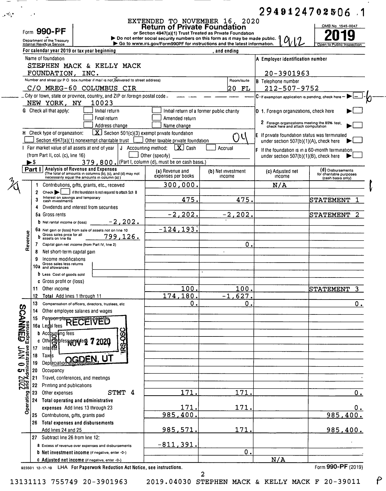 Image of first page of 2019 Form 990PF for Stephen Mack and Kelly Mack Foundation