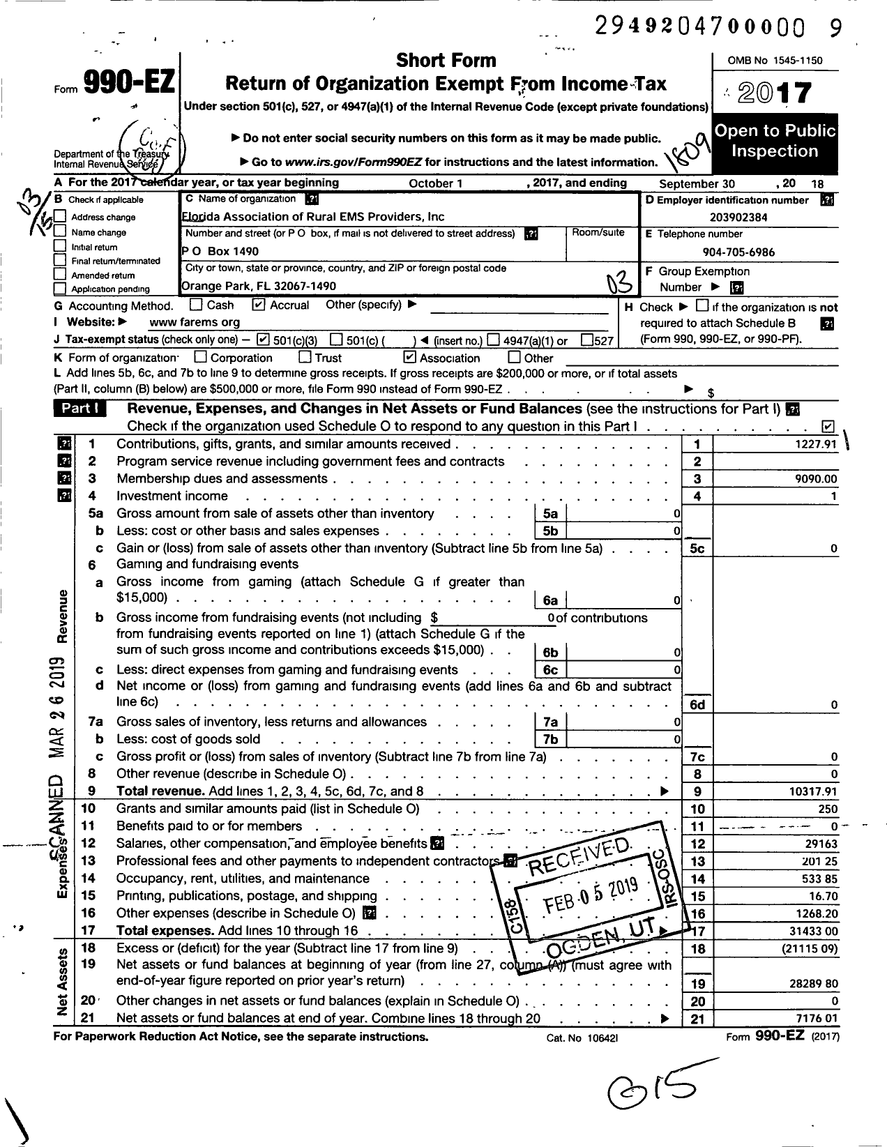 Image of first page of 2017 Form 990EZ for Florida Association of Rural Emsproviders
