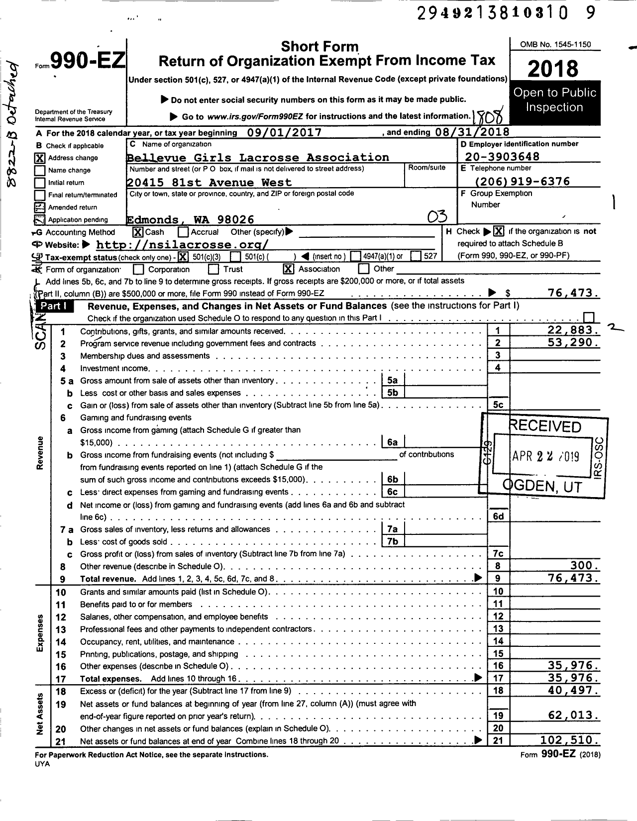 Image of first page of 2017 Form 990EZ for Bellevuew Girls Lacrosse Associatio N